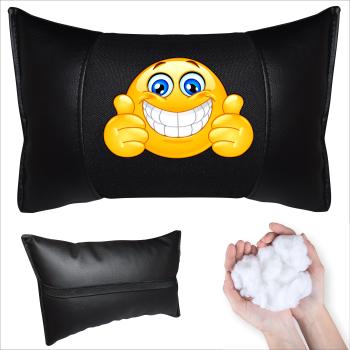 Auto Nackenkissen 20x30cm Nackenpolster Leder Schwarz mit Druck Design Smiley